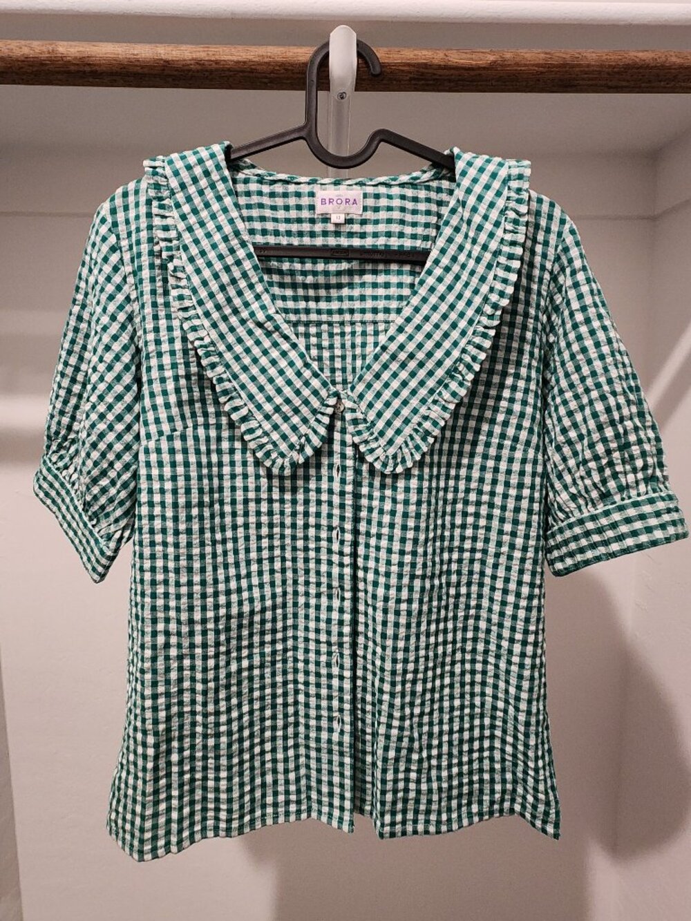 UK 10 / US 6 Brora Green Gingham Cotton Blouse Women's Cottagecore Preppy
